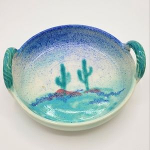 Southwest Candy Or Trinket Pottery Dish With Handles Cactus Pastel Colors